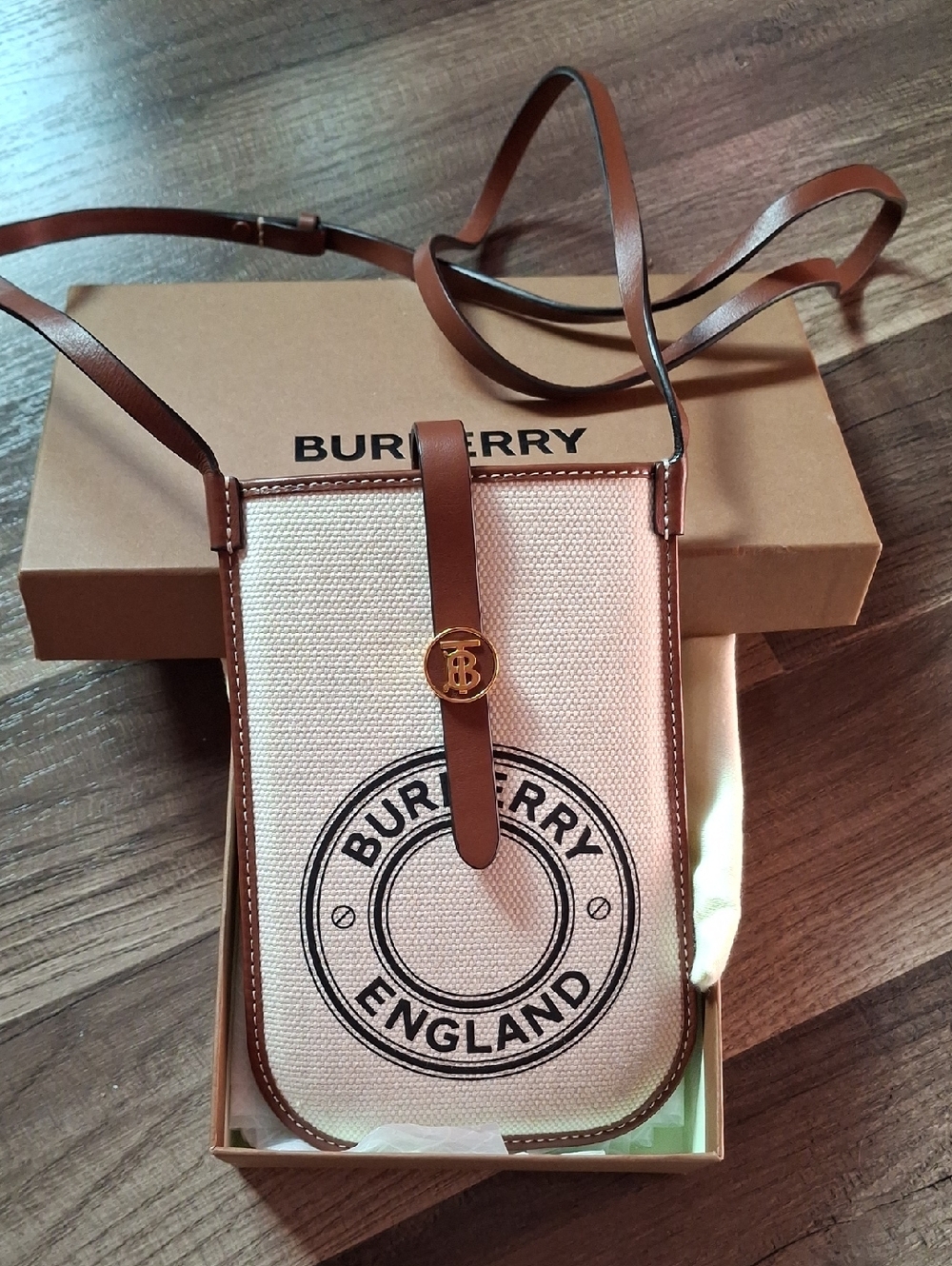 Burberry Cream Canvas and Brown Leather Phone Crossbody with Gold TB Accent